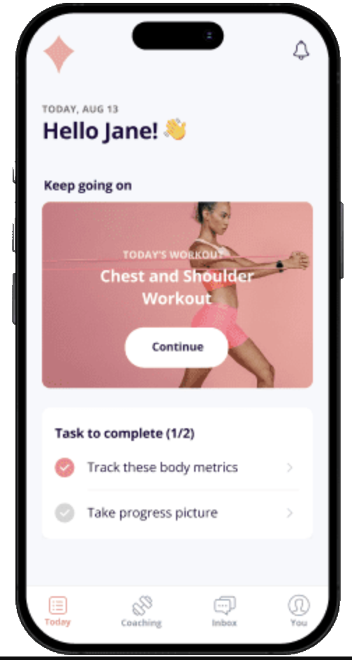 Everfit home screen showing a chest and shoulder workout and progress tasks